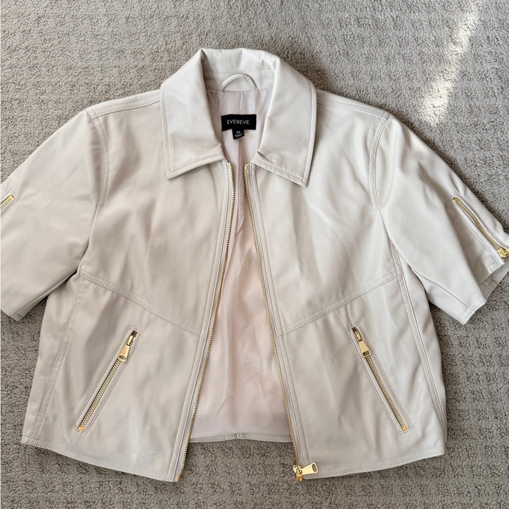 Evereve Women's Light Beige Leather Jacket with Gold Zippers